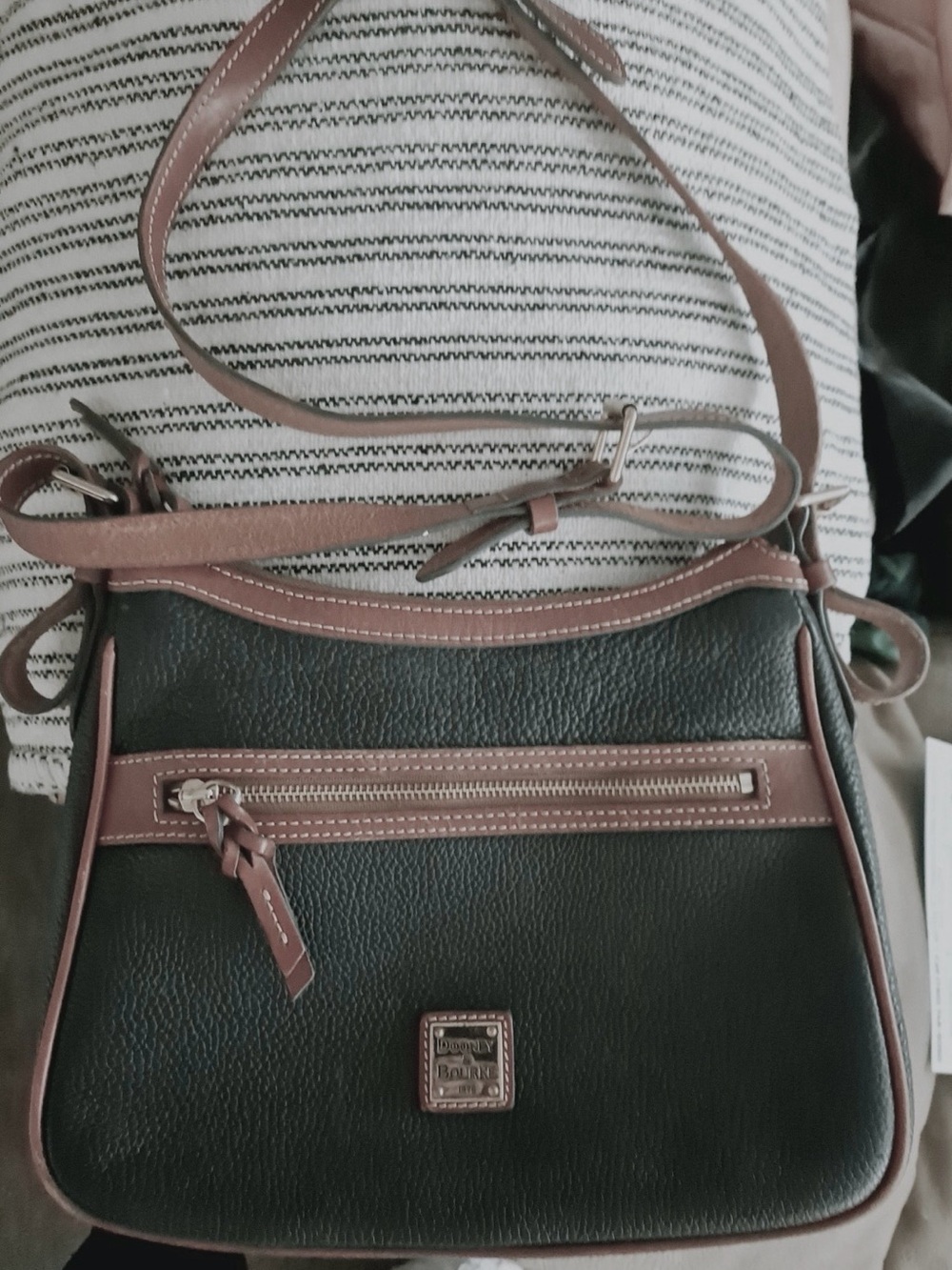 Dooney & Bourke Black Pebbled Leather Crossbody with Tan Trim and Gold Hardware